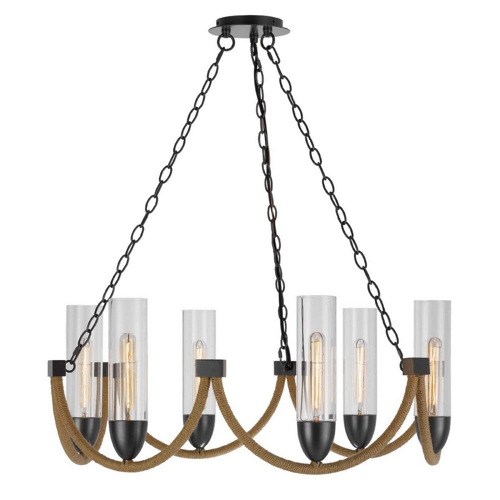 Arga 6 Light Chandelier | Glass Shade | Rope Arms | Bronze Metal 12"