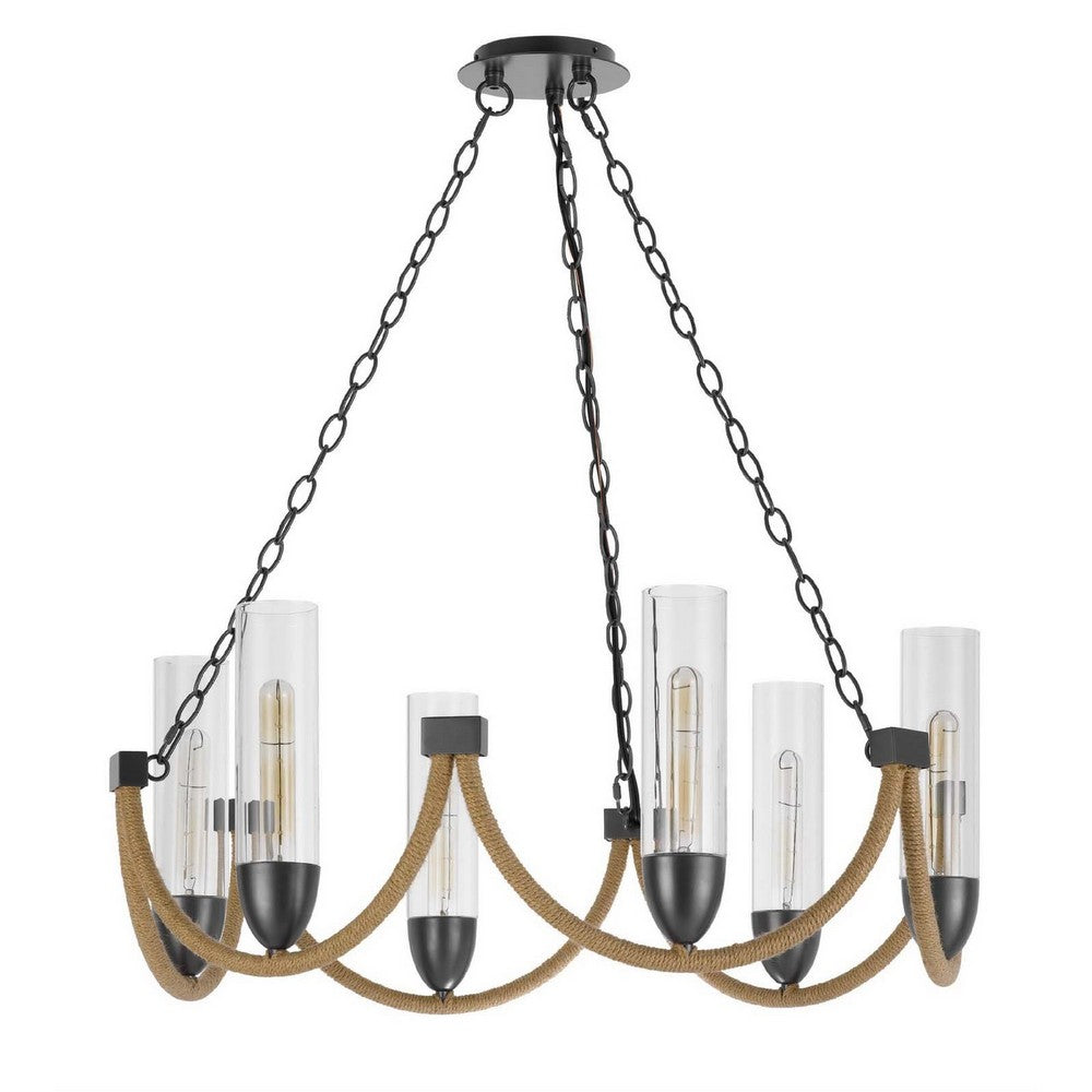 Arga 6 Light Chandelier | Glass Shade | Rope Arms | Bronze Metal 12"