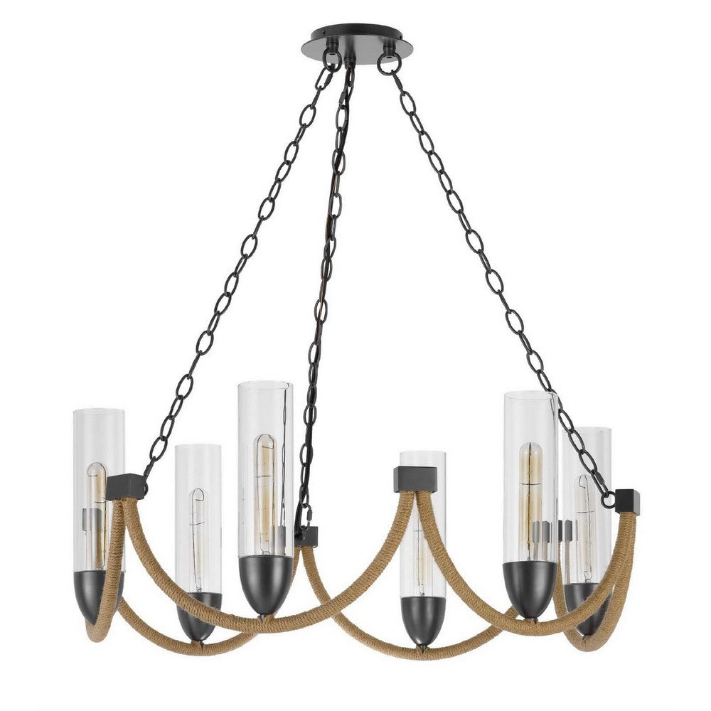 Arga 6 Light Chandelier | Glass Shade | Rope Arms | Bronze Metal 12"
