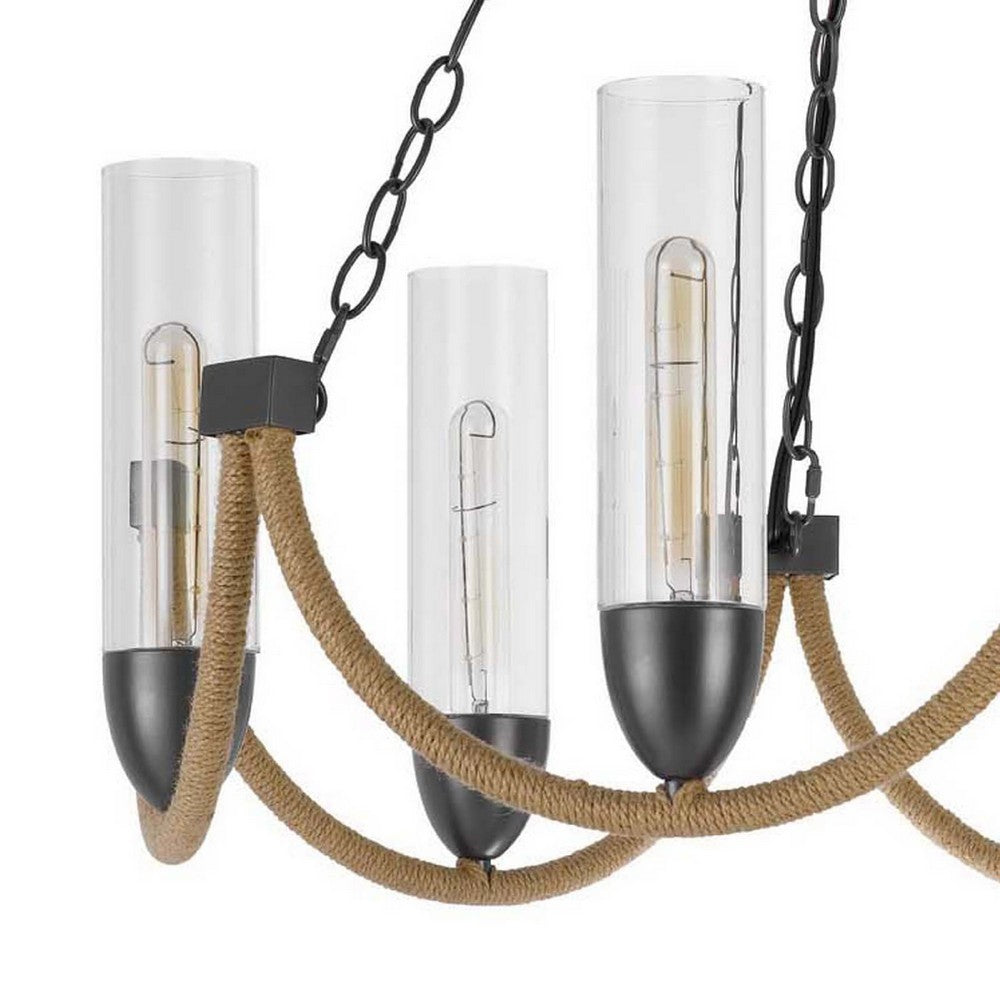 Arga 6 Light Chandelier | Glass Shade | Rope Arms | Bronze Metal 12"