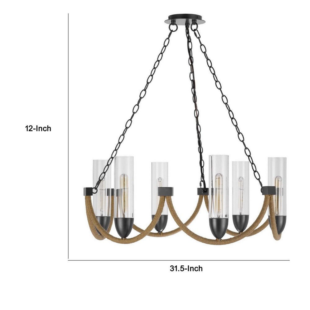 Arga 6 Light Chandelier | Glass Shade | Rope Arms | Bronze Metal 12"
