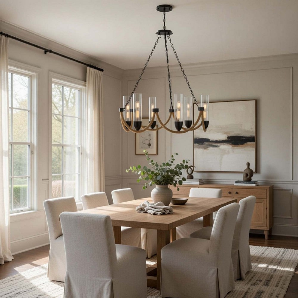Arga 6 Light Chandelier | Glass Shade | Rope Arms | Bronze Metal 12"