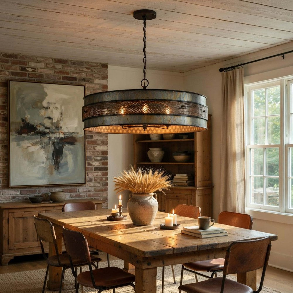 5 Light Chandelier | Drum Shade with Rustic Aged Bronze Mesh Band | 30"
