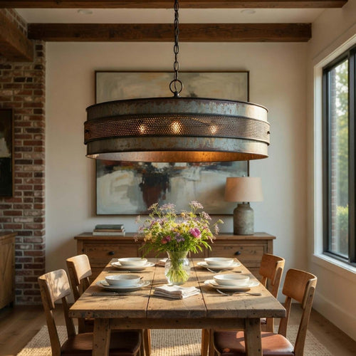5 Light Chandelier | Drum Shade with Rustic Aged Bronze Mesh Band | 30"