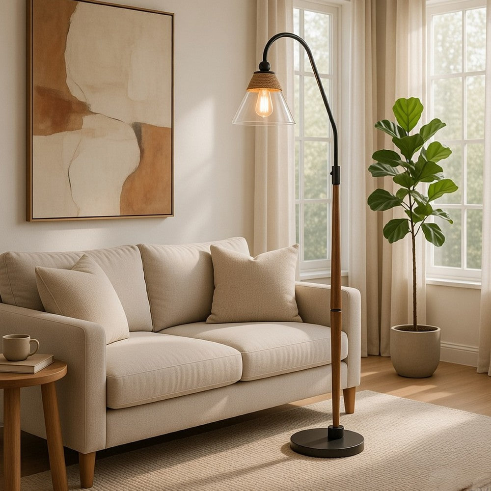 Floor Lamp | Bubble Glass Shade | Rope Accents Industrial Wood | Black 71"