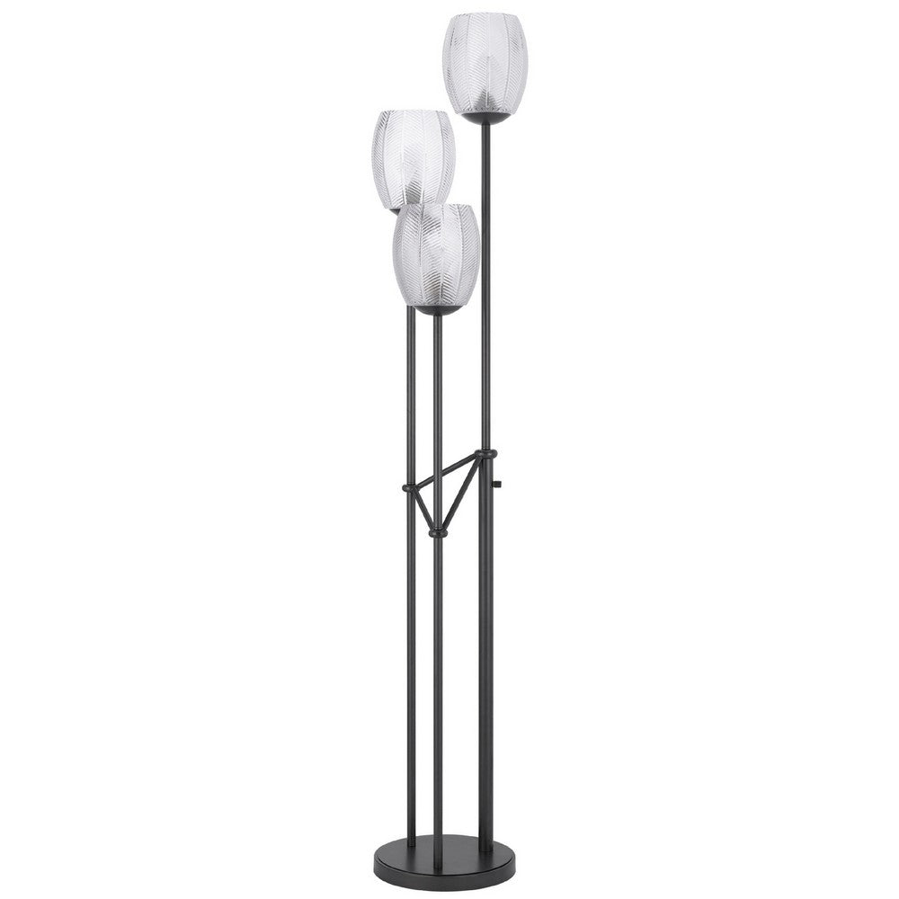 3 Light Torchiere Floor Lamp | Leaf Design Glass Shade | Black Metal 71"