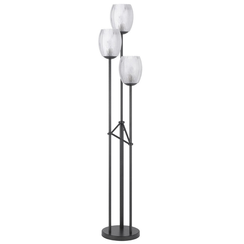 3 Light Torchiere Floor Lamp | Leaf Design Glass Shade | Black Metal 71"