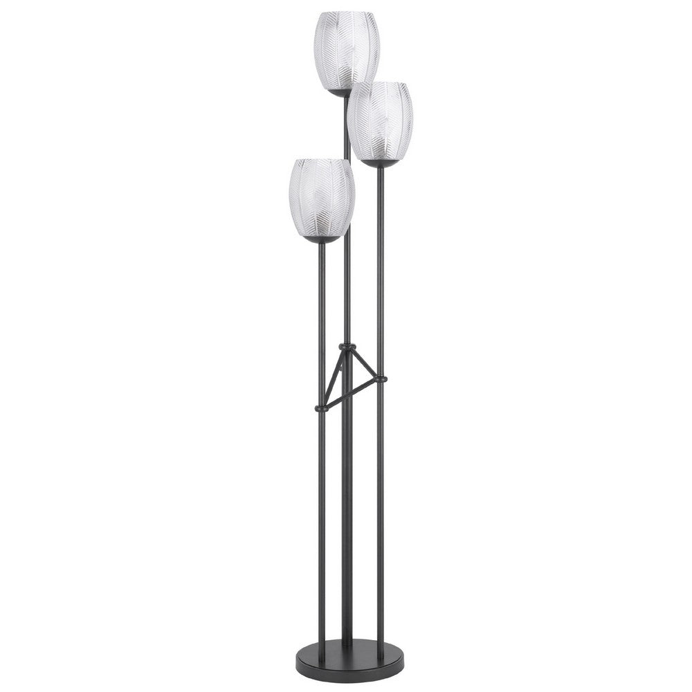 3 Light Torchiere Floor Lamp | Leaf Design Glass Shade | Black Metal 71"