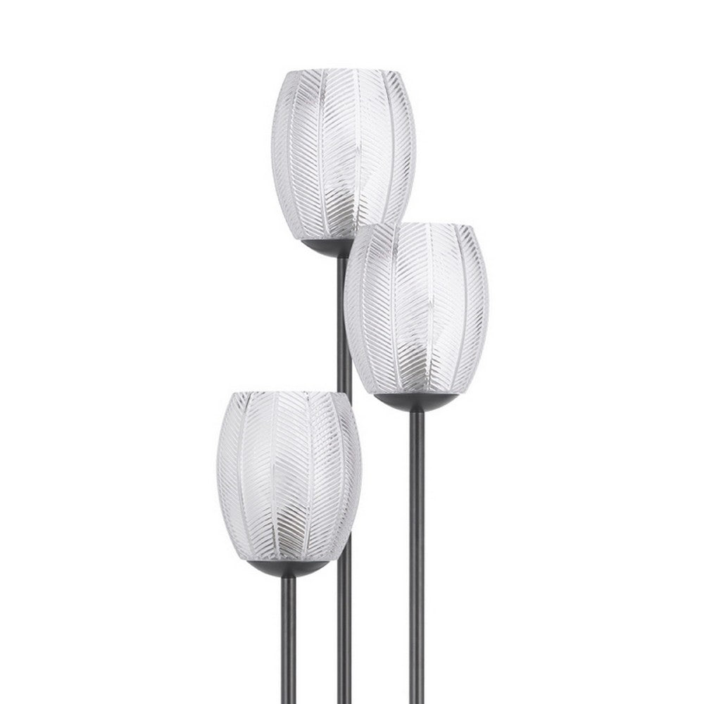 3 Light Torchiere Floor Lamp | Leaf Design Glass Shade | Black Metal 71"
