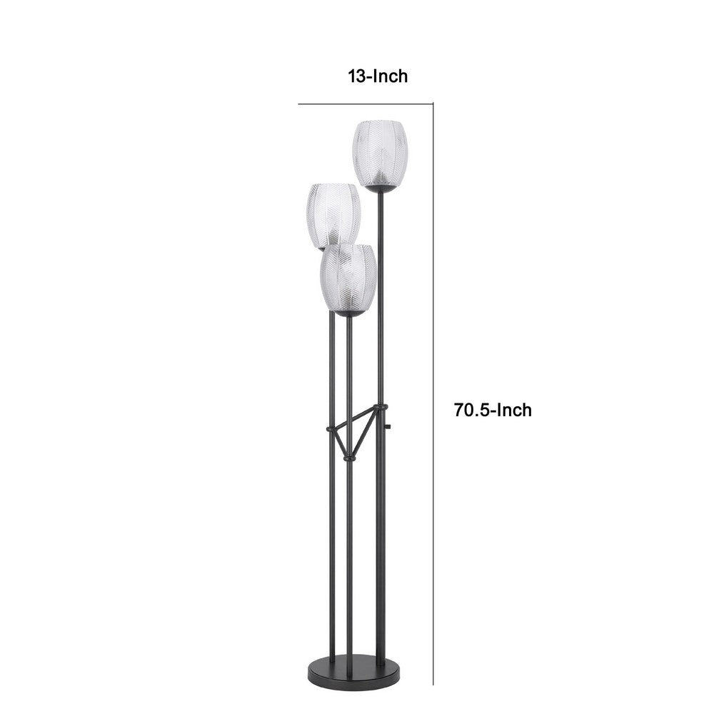 3 Light Torchiere Floor Lamp | Leaf Design Glass Shade | Black Metal 71"