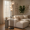 3 Light Torchiere Floor Lamp | Leaf Design Glass Shade | Black Metal 71"