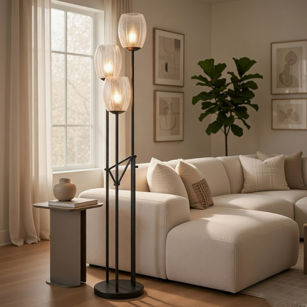 3 Light Torchiere Floor Lamp | Leaf Design Glass Shade | Black Metal 71"