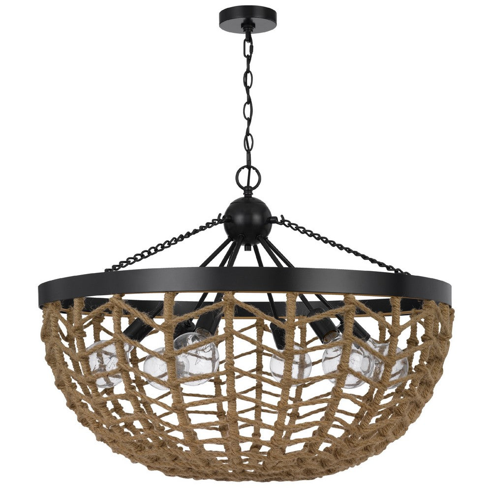 6 Light Pendant Chandelier | Caged Bowl Braided Rope | Black Metal 32"