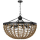 6 Light Pendant Chandelier | Caged Bowl Braided Rope | Black Metal 32"