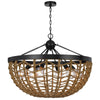 6 Light Pendant Chandelier | Caged Bowl Braided Rope | Black Metal 32"