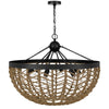 6 Light Pendant Chandelier | Caged Bowl Braided Rope | Black Metal 32"