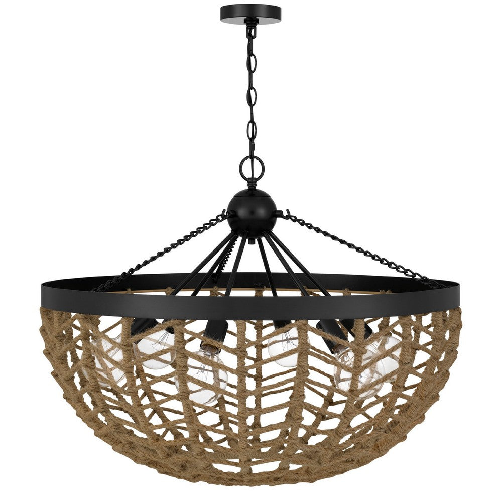 6 Light Pendant Chandelier | Caged Bowl Braided Rope | Black Metal 32"