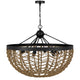 6 Light Pendant Chandelier | Caged Bowl Braided Rope | Black Metal 32"
