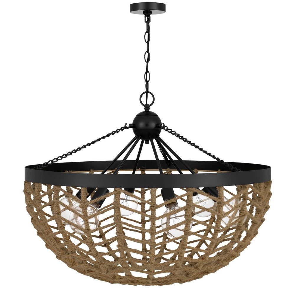 6 Light Pendant Chandelier | Caged Bowl Braided Rope | Black Metal 32"