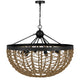 6 Light Pendant Chandelier | Caged Bowl Braided Rope | Black Metal 32"