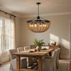 6 Light Pendant Chandelier | Caged Bowl Braided Rope | Black Metal 32"