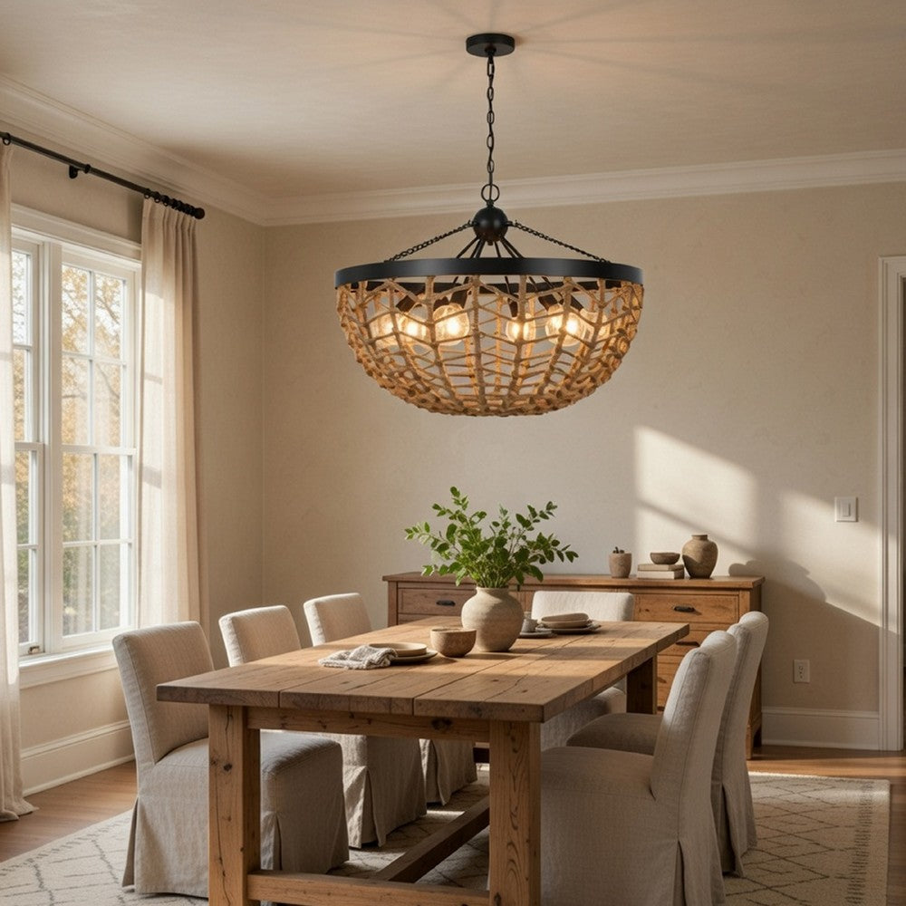 6 Light Pendant Chandelier | Caged Bowl Braided Rope | Black Metal 32"