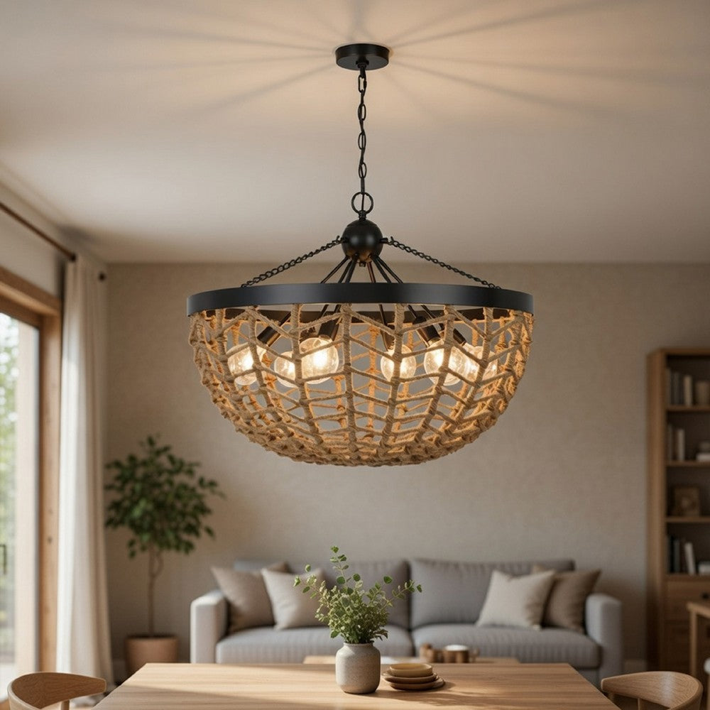 6 Light Pendant Chandelier | Caged Bowl Braided Rope | Black Metal 32"