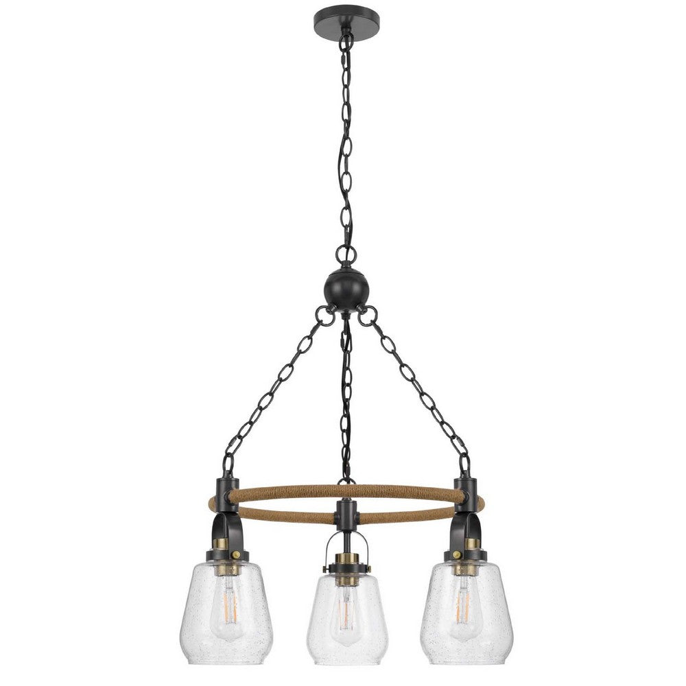 3 Light Chandelier | Rope Accents | Bubble Glass Bulbs | Black Metal 28"