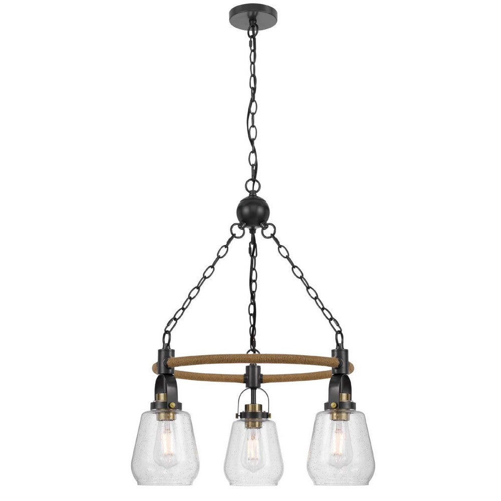 3 Light Chandelier | Rope Accents | Bubble Glass Bulbs | Black Metal 28"