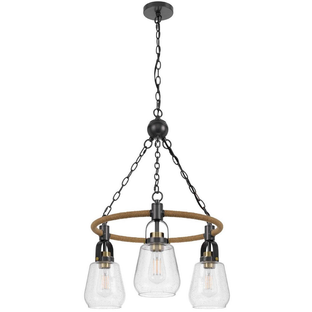 3 Light Chandelier | Rope Accents | Bubble Glass Bulbs | Black Metal 28"