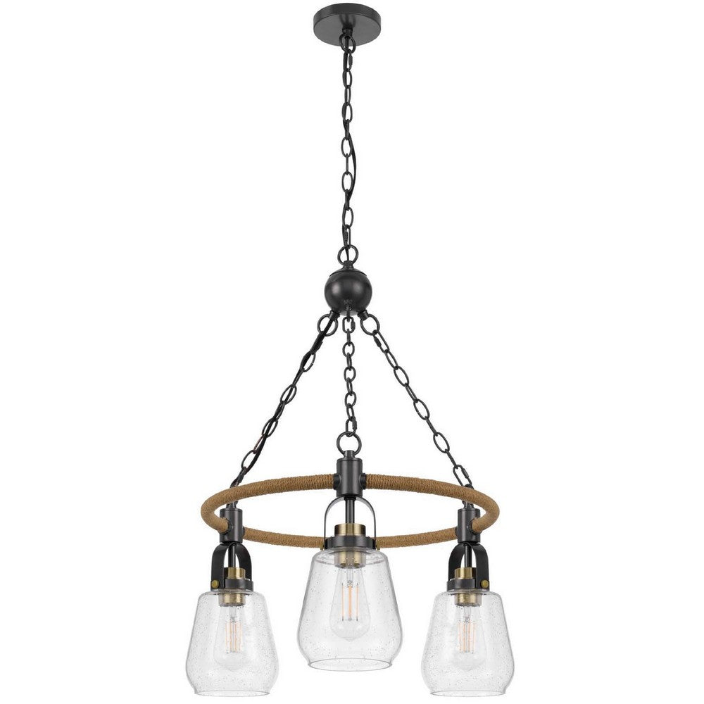 3 Light Chandelier | Rope Accents | Bubble Glass Bulbs | Black Metal 28"