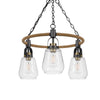 3 Light Chandelier | Rope Accents | Bubble Glass Bulbs | Black Metal 28"
