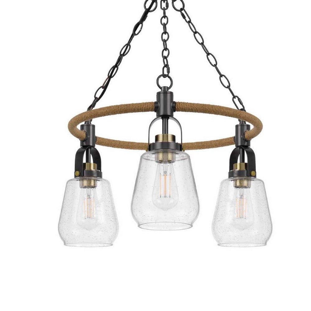 3 Light Chandelier | Rope Accents | Bubble Glass Bulbs | Black Metal 28"