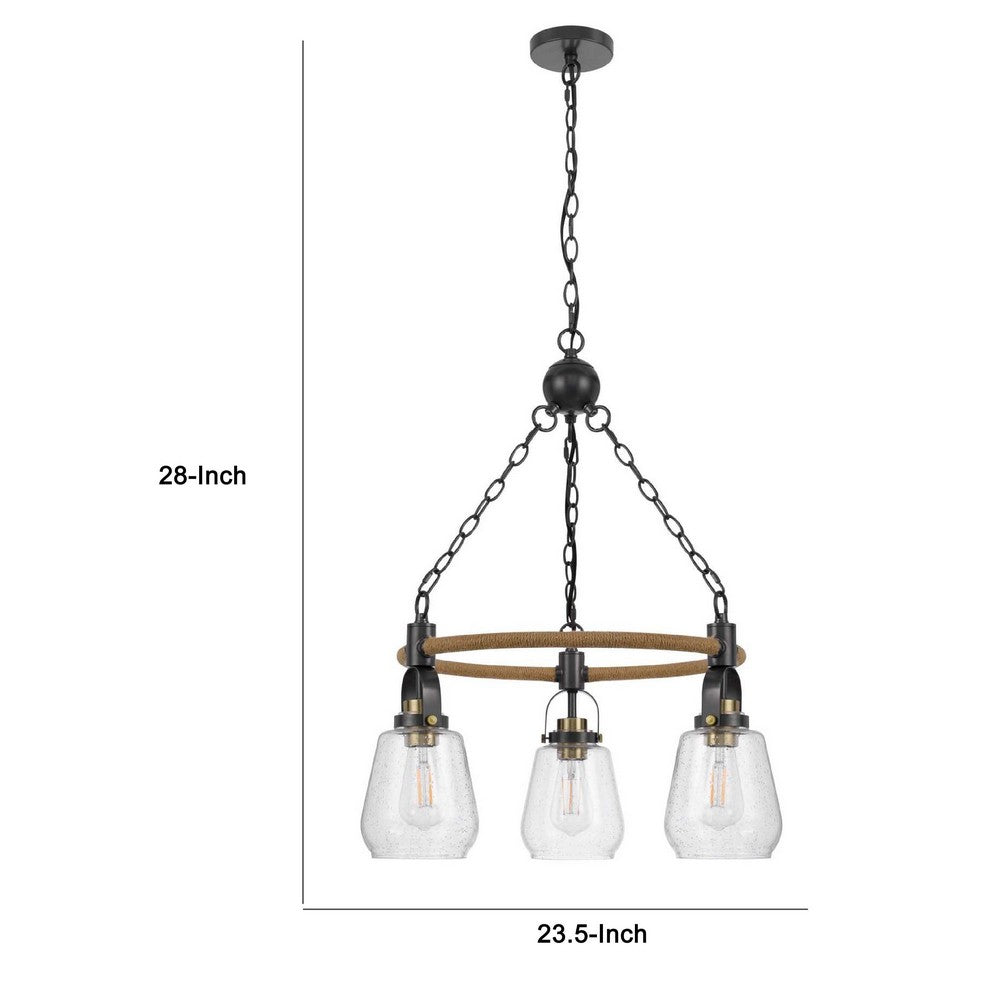 3 Light Chandelier | Rope Accents | Bubble Glass Bulbs | Black Metal 28"