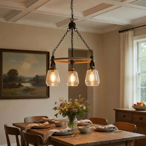 3 Light Chandelier | Rope Accents | Bubble Glass Bulbs | Black Metal 28"