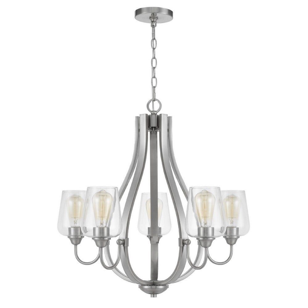 5 Light Chandelier | Teardrop Shape Glass Shades | Brushed Silver 26"