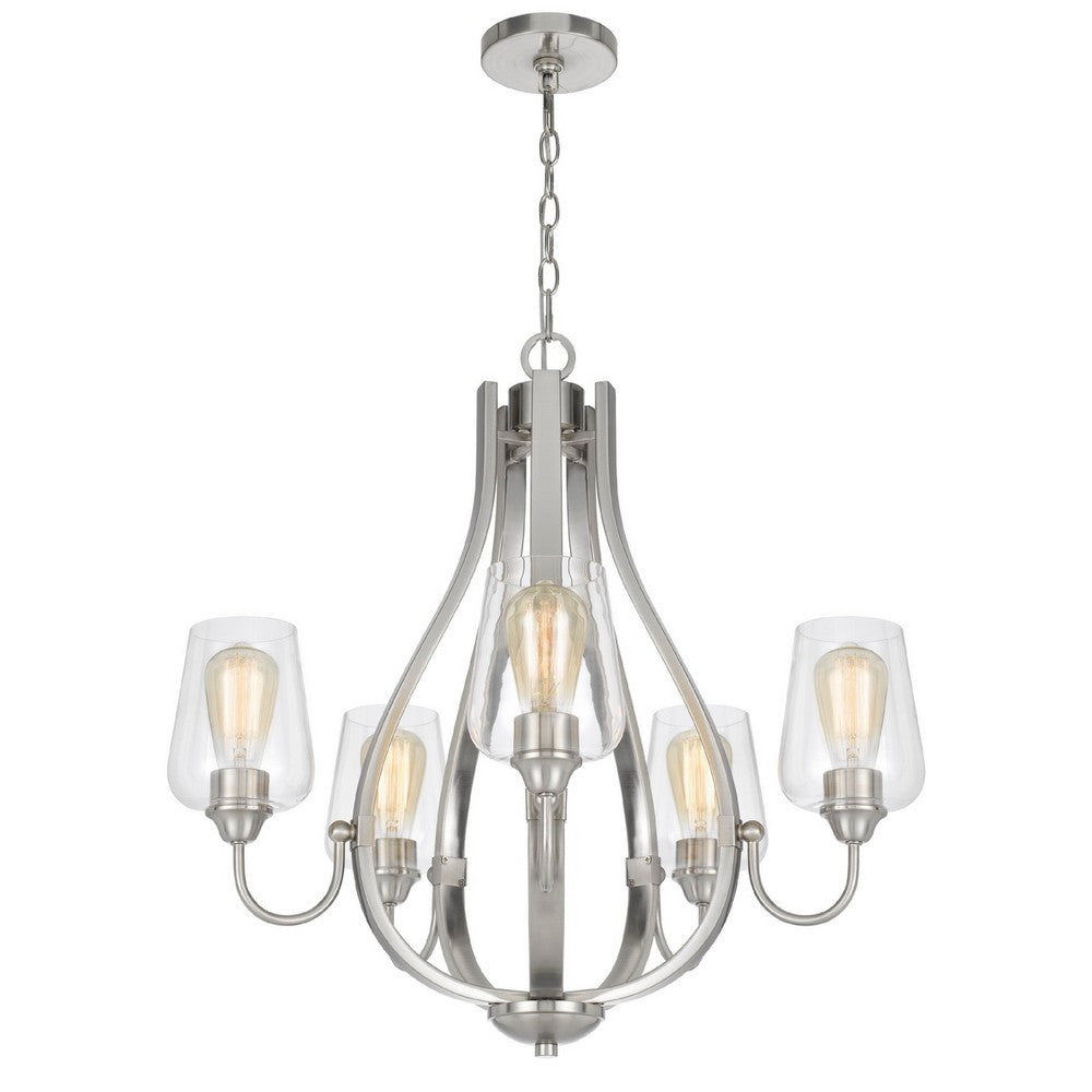 5 Light Chandelier | Teardrop Shape Glass Shades | Brushed Silver 26"