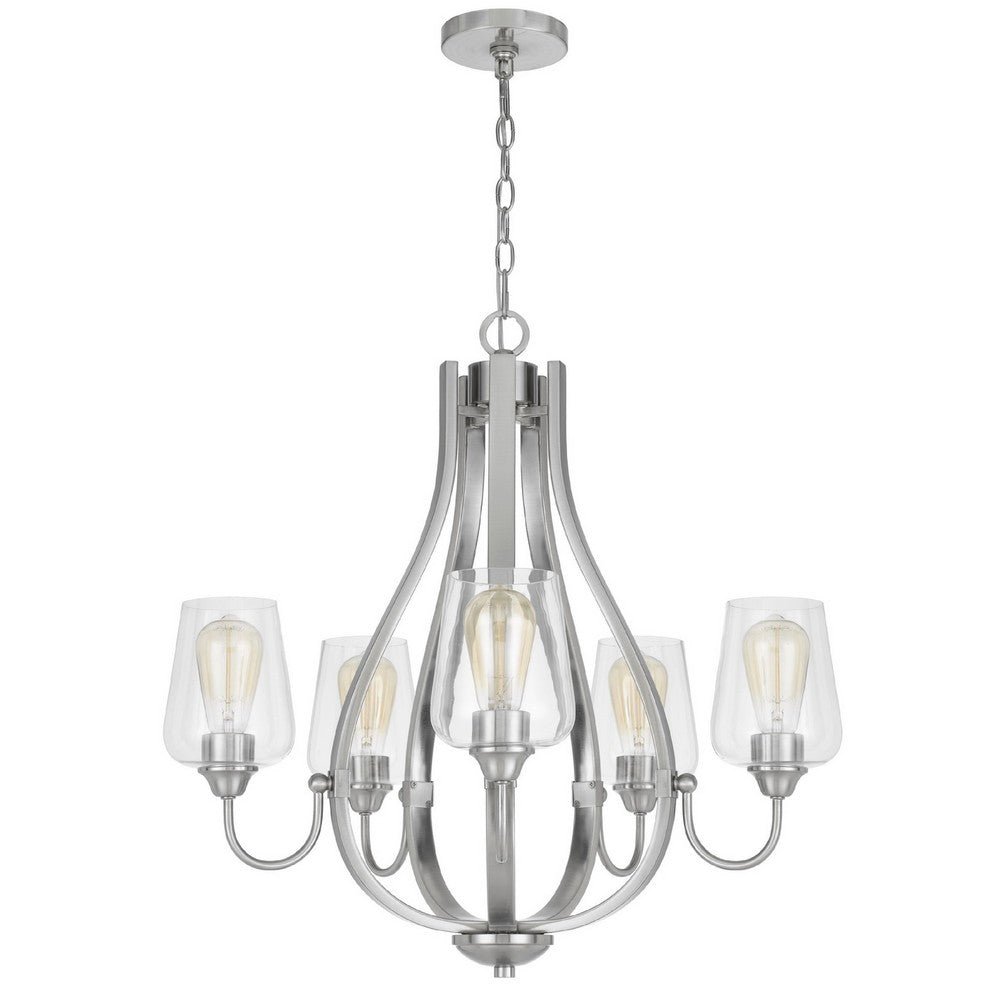 5 Light Chandelier | Teardrop Shape Glass Shades | Brushed Silver 26"