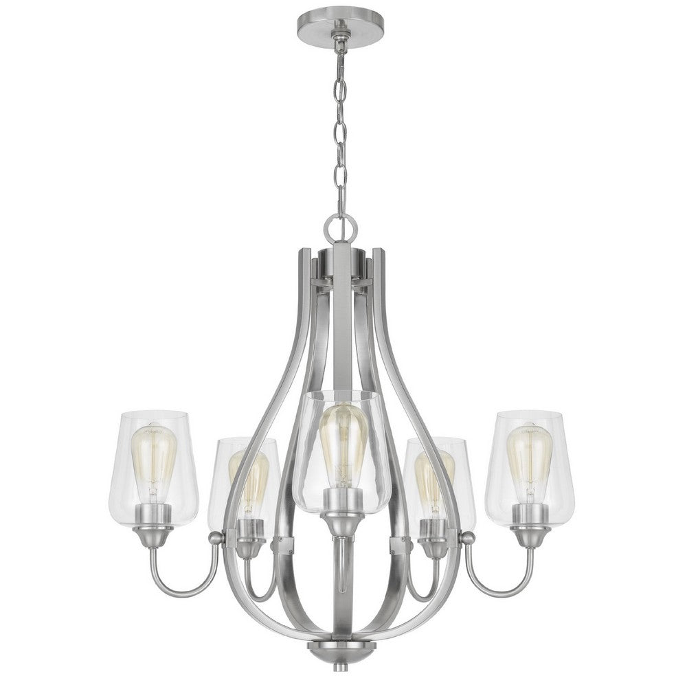 5 Light Chandelier | Teardrop Shape Glass Shades | Brushed Silver 26"