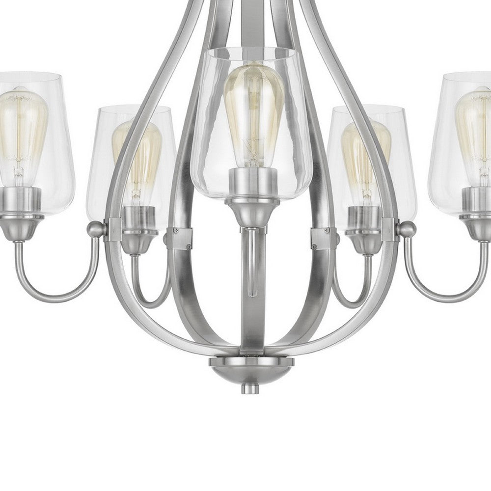 5 Light Chandelier | Teardrop Shape Glass Shades | Brushed Silver 26"