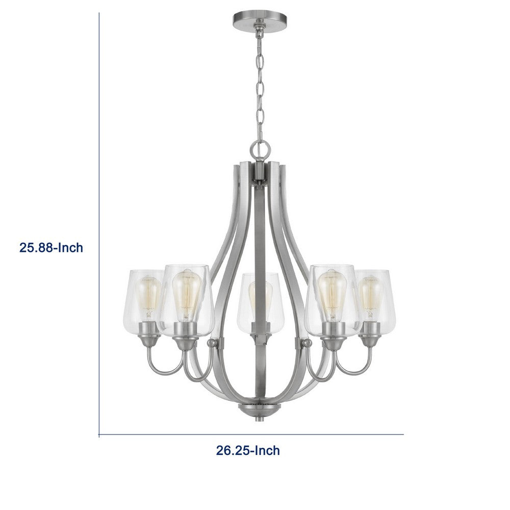 5 Light Chandelier | Teardrop Shape Glass Shades | Brushed Silver 26"
