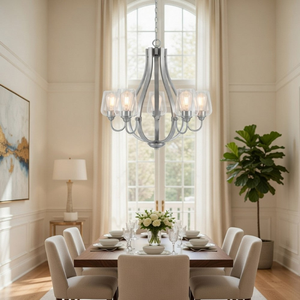 5 Light Chandelier | Teardrop Shape Glass Shades | Brushed Silver 26"