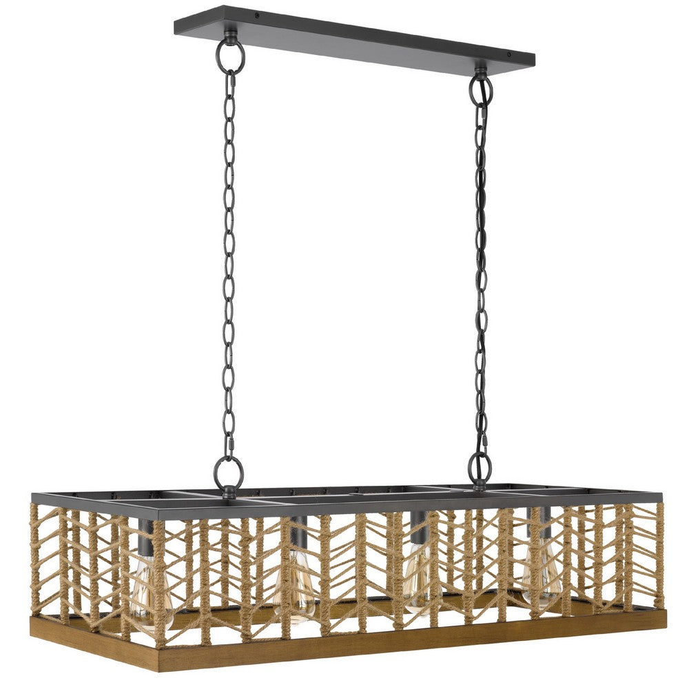 4 Light Pendant | Braided Burlap Shade | Caged Industrial Black Metal 40"