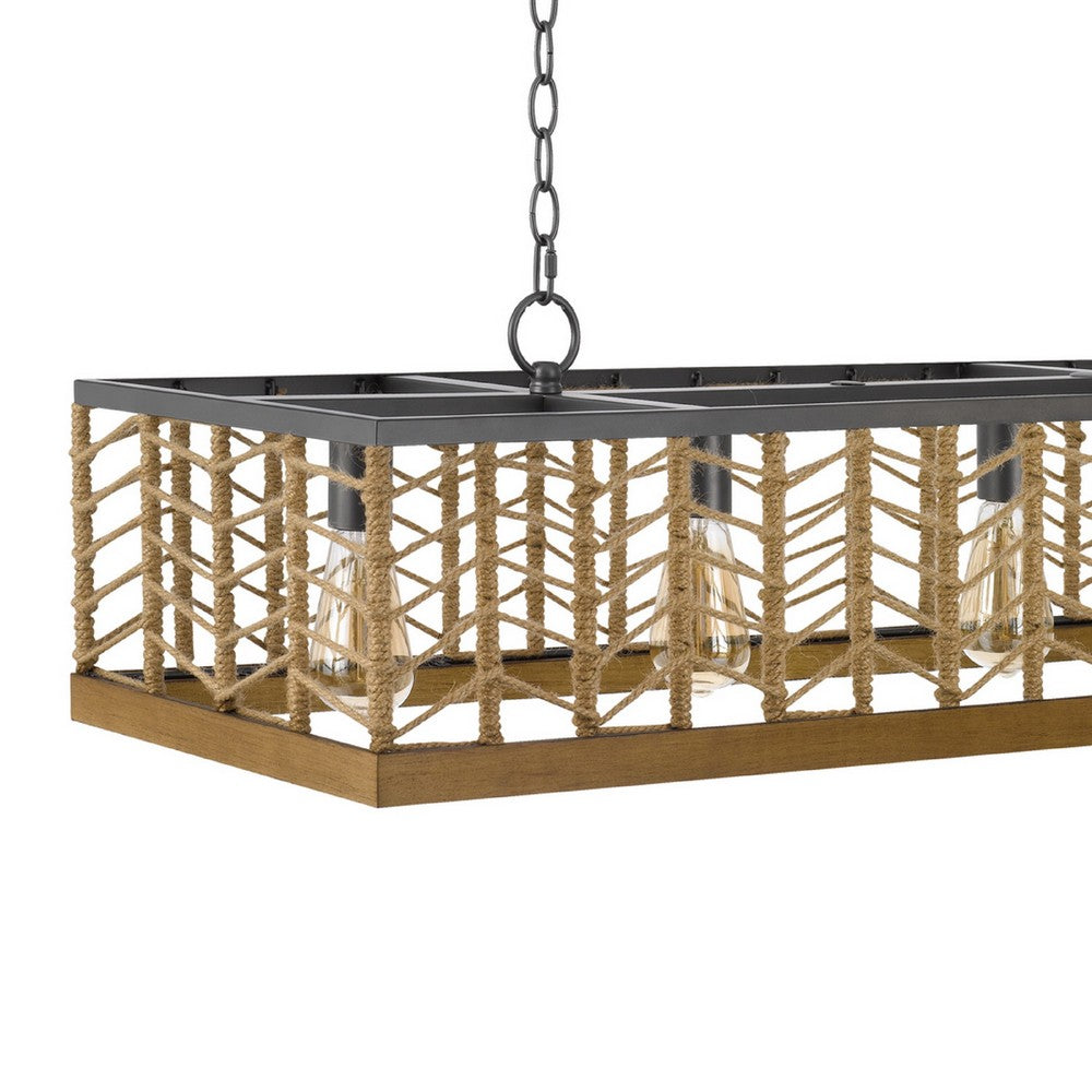 4 Light Pendant | Braided Burlap Shade | Caged Industrial Black Metal 40"