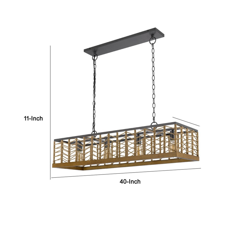 4 Light Pendant | Braided Burlap Shade | Caged Industrial Black Metal 40"
