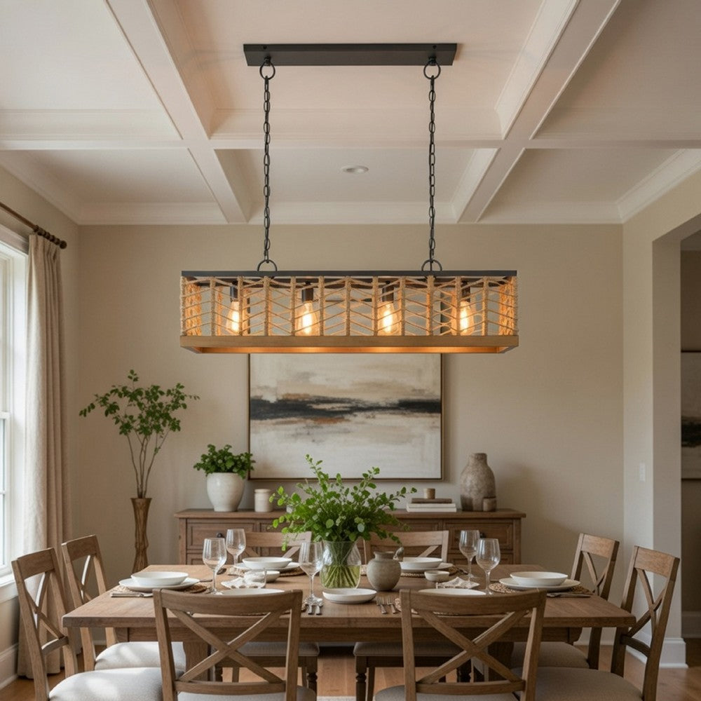 4 Light Pendant | Braided Burlap Shade | Caged Industrial Black Metal 40"
