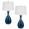 Table Lamp Set of 2 | Off-White Drum Shade | Painted Blue Glass 29"