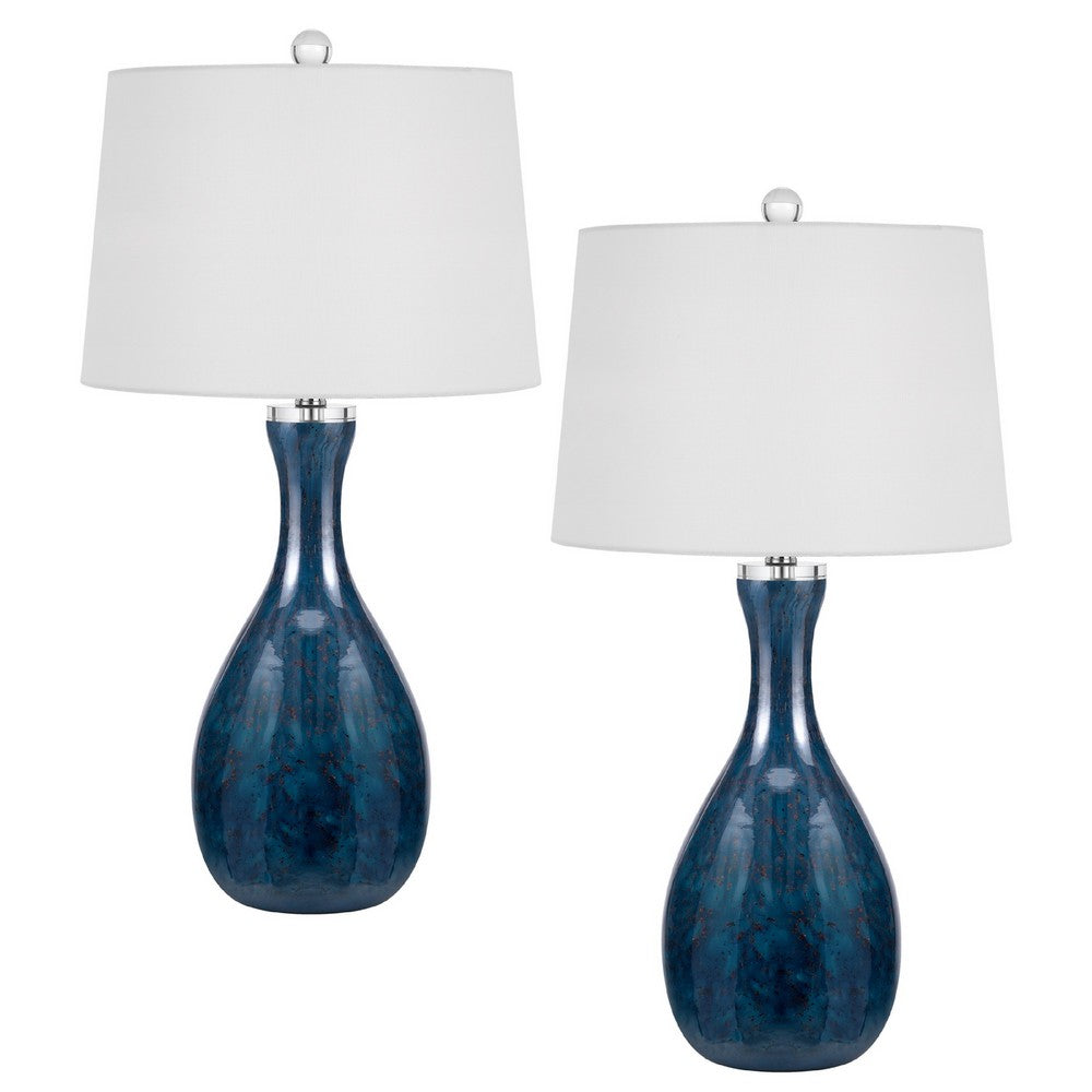 Table Lamp Set of 2 | Off-White Drum Shade | Painted Blue Glass 29"