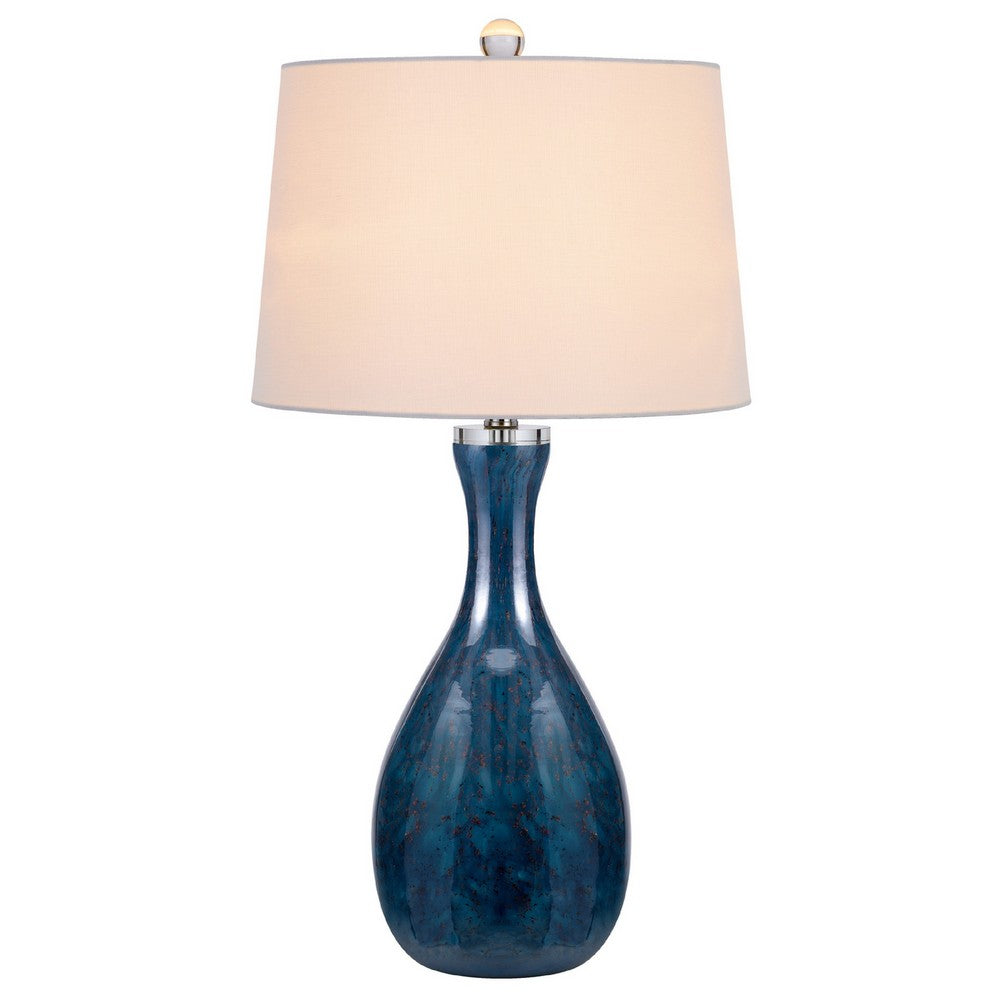 Table Lamp Set of 2 | Off-White Drum Shade | Painted Blue Glass 29"