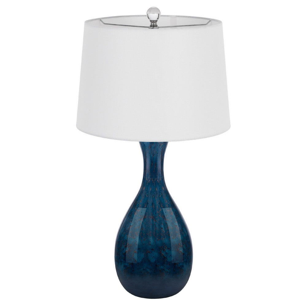 Table Lamp Set of 2 | Off-White Drum Shade | Painted Blue Glass 29"